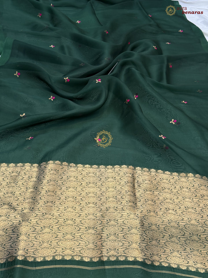 Bottle Green Banarasi Handloom Kora Silk Saree - Aura Benaras