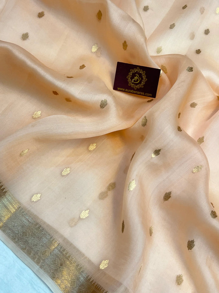 Pale Peach Pure Kora Silk Banarasi Saree with Kadhwa Butis 