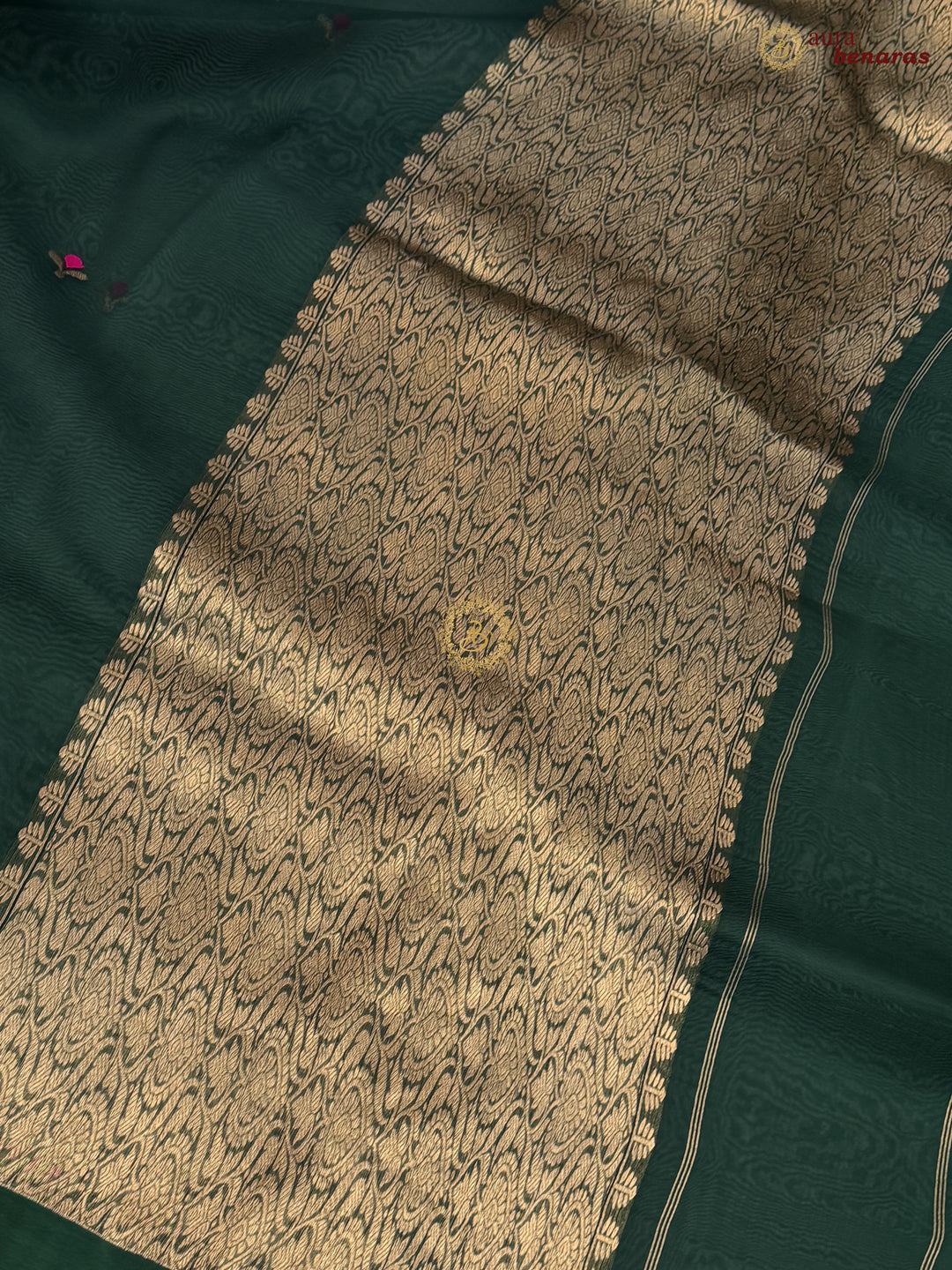 Bottle Green Banarasi Handloom Kora Silk Saree - Aura Benaras