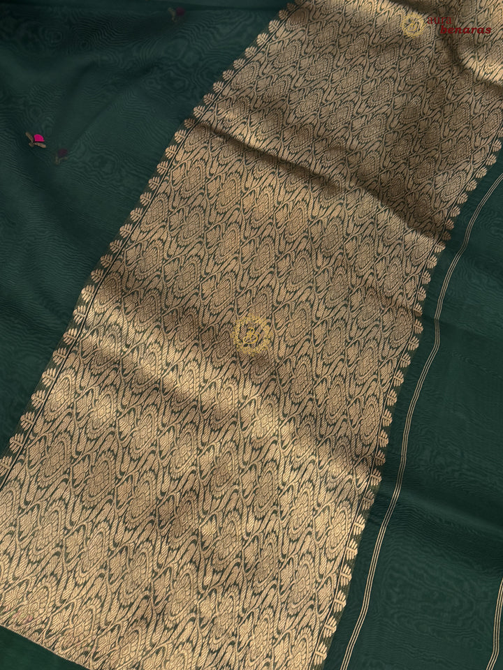 Bottle Green Banarasi Handloom Kora Silk Saree - Aura Benaras