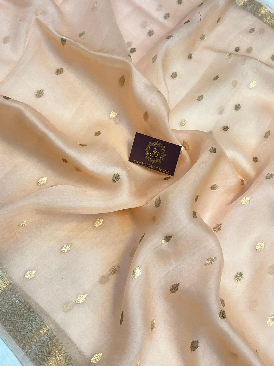 Pale Peach Pure Kora Silk Banarasi Saree with Kadhwa Butis 