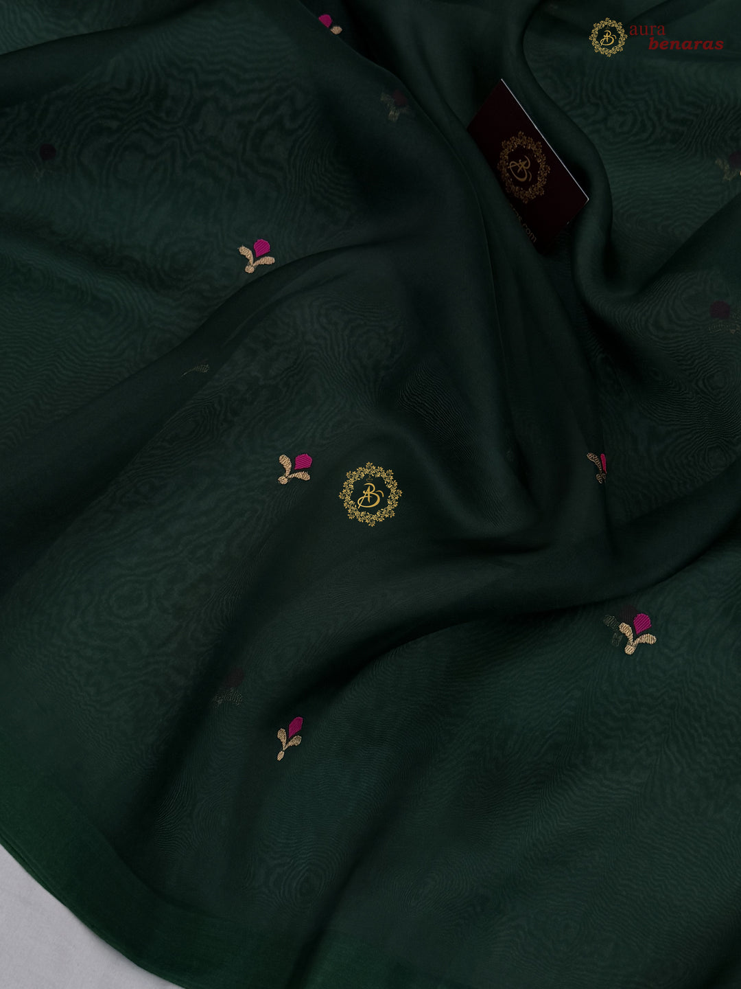 Bottle Green Banarasi Handloom Kora Silk Saree - Aura Benaras