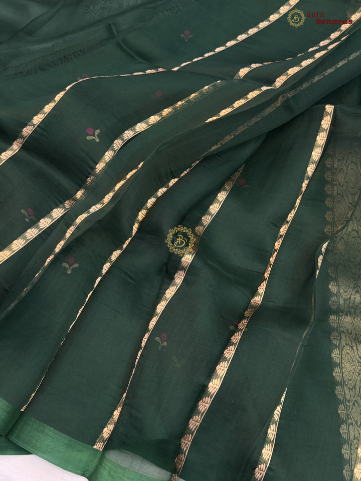 Bottle Green Banarasi Handloom Kora Silk Saree - Aura Benaras