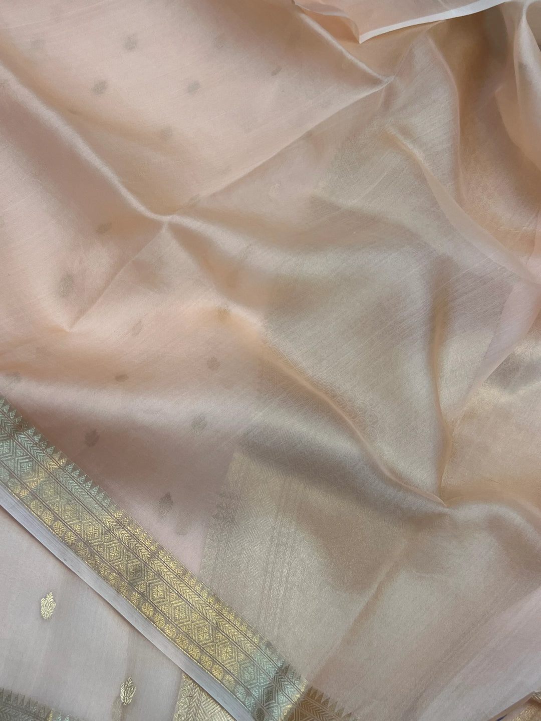 Pale Peach Pure Kora Silk Banarasi Saree with Kadhwa Butis 