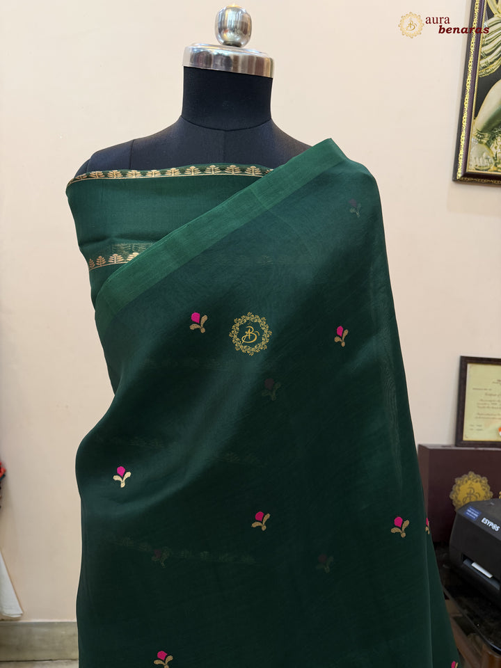 Bottle Green Banarasi Handloom Kora Silk Saree - Aura Benaras