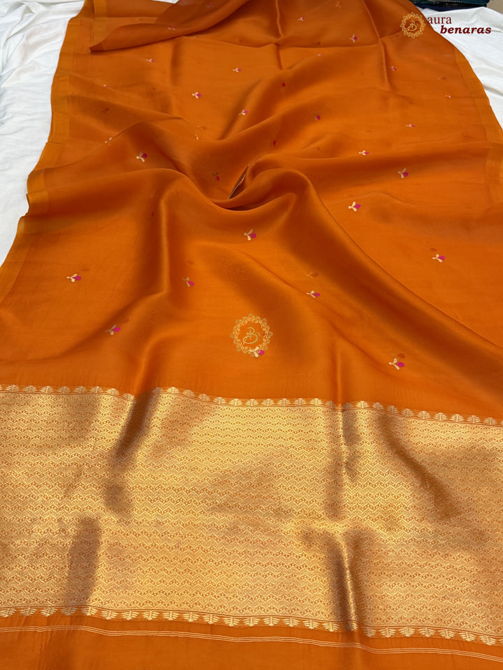 Orange Banarasi Handloom Kora Silk Saree - Aura Benaras