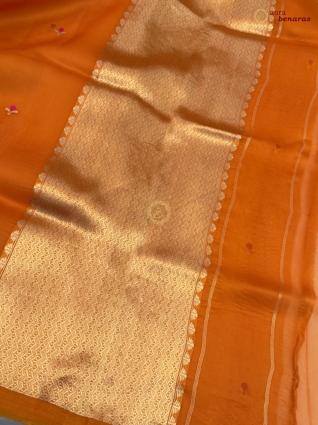 Orange Banarasi Handloom Kora Silk Saree - Aura Benaras