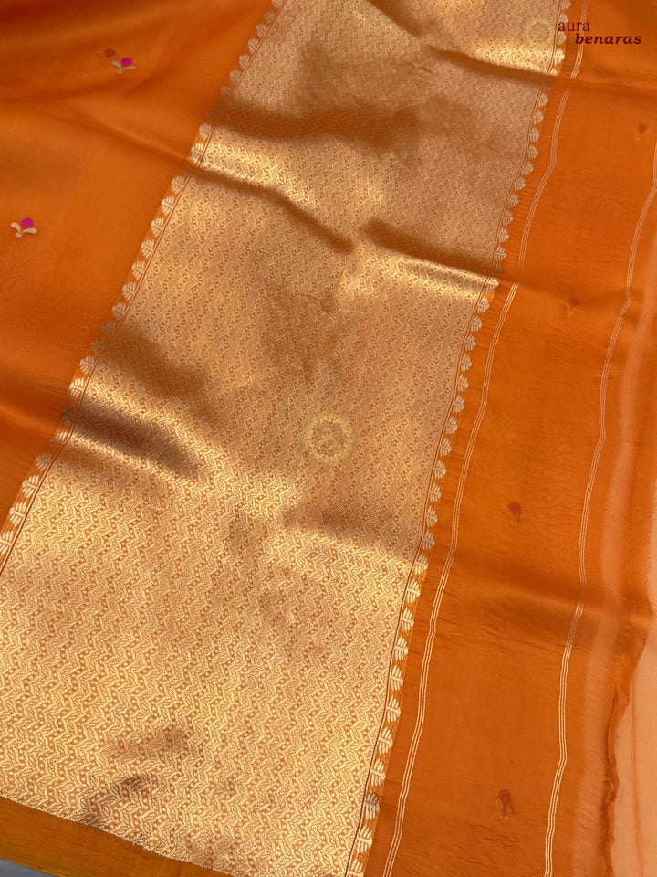 Orange Banarasi Handloom Kora Silk Saree - Aura Benaras