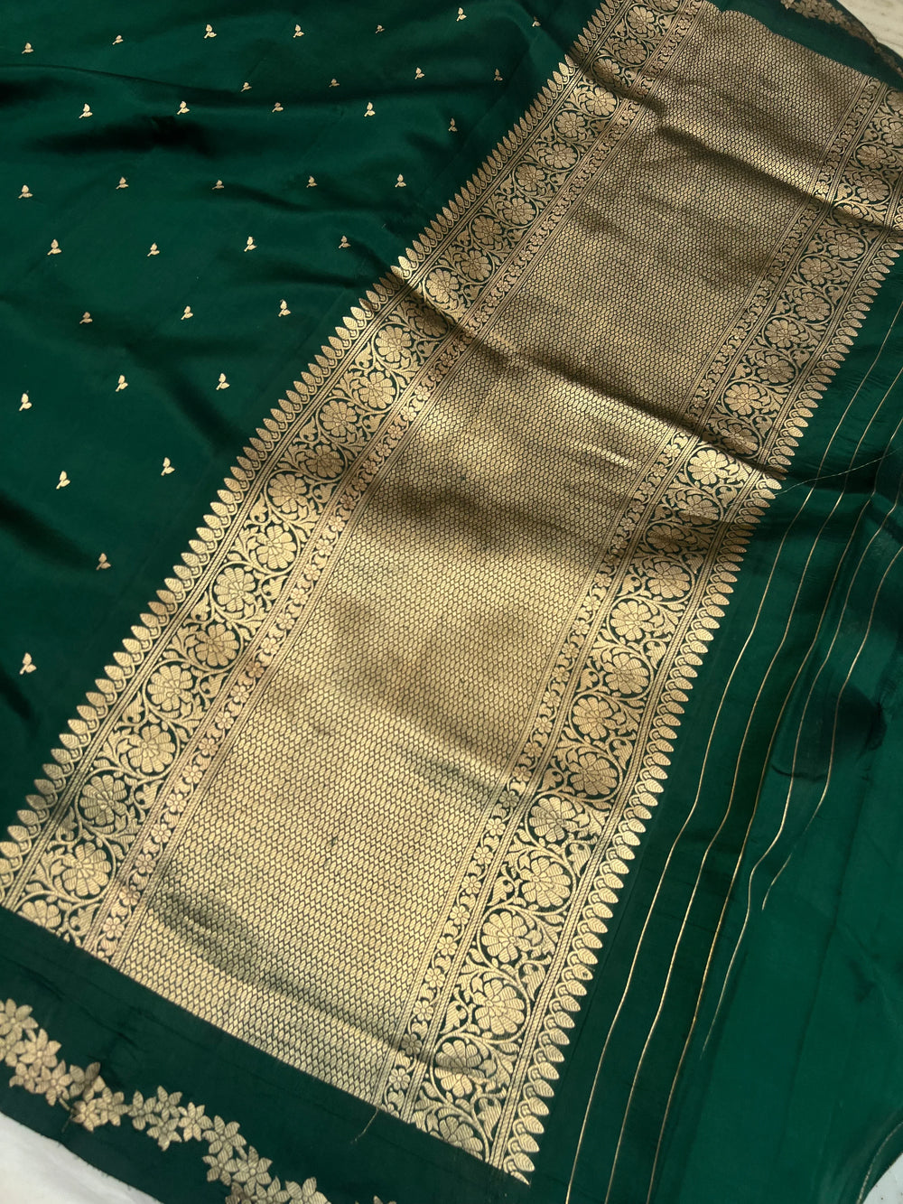 Bottle Green Banarasi Silk Saree | Kadhwa & Designer Border