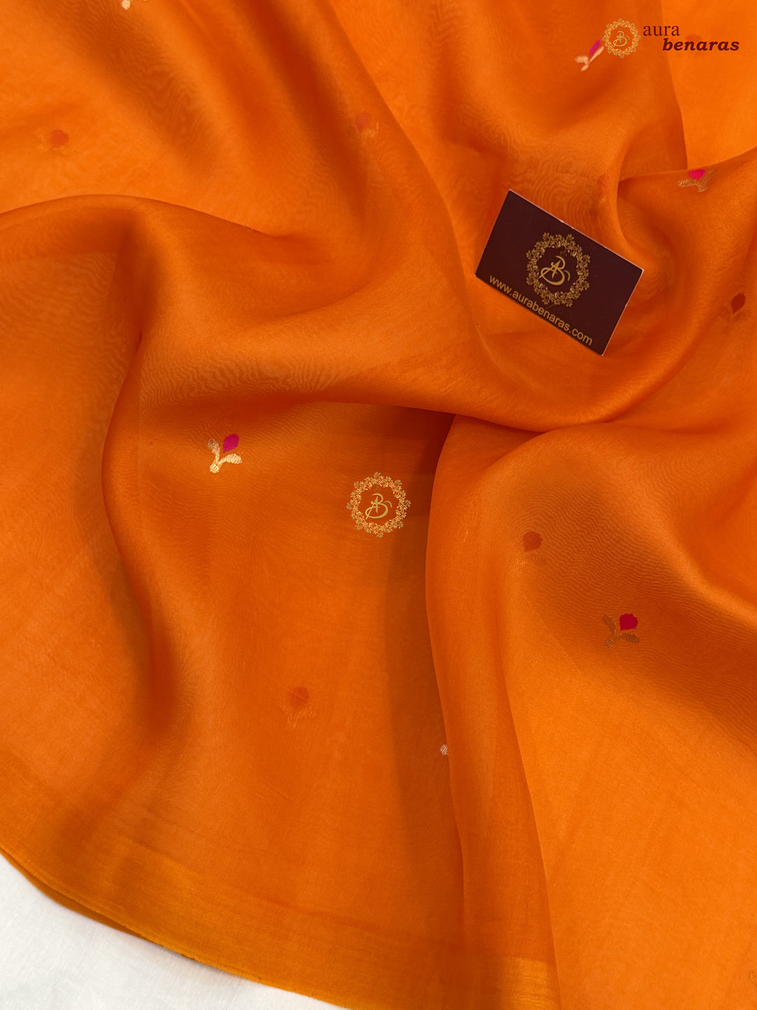 Orange Banarasi Handloom Kora Silk Saree - Aura Benaras