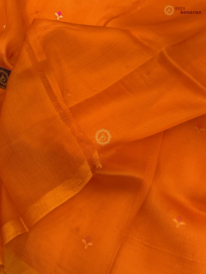 Orange Banarasi Handloom Kora Silk Saree - Aura Benaras