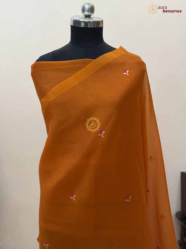 Orange Banarasi Handloom Kora Silk Saree - Aura Benaras