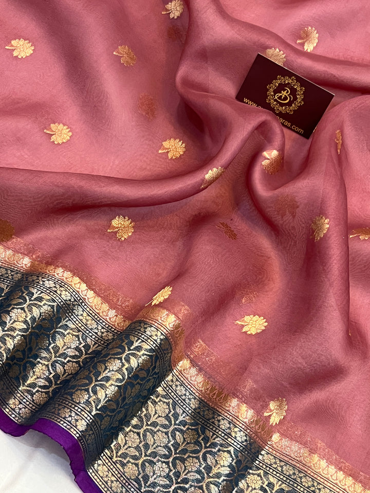 Onion Pink Banarasi Handloom Kora Silk Saree