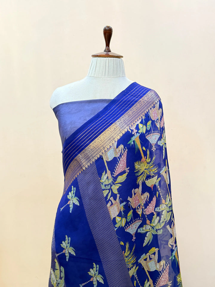 Blue Banarasi Kora Silk Saree with Digital Print & Chiniya Blouse
