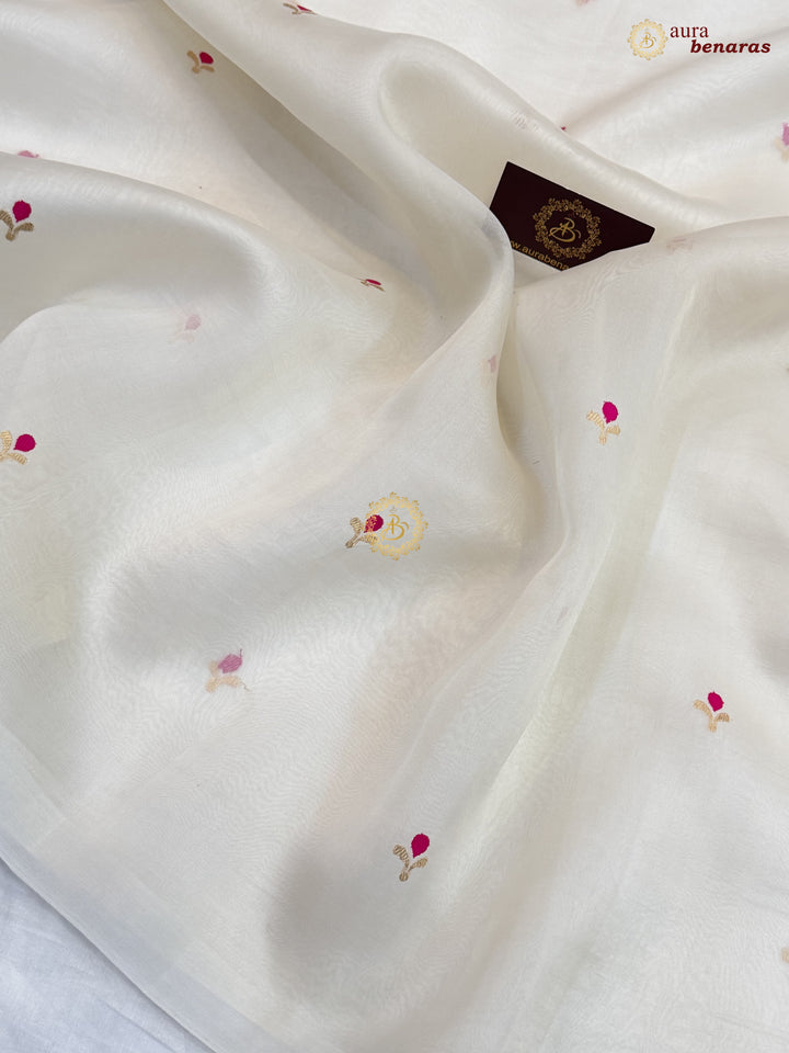 Off White Banarasi Handloom Kora Silk Saree - Aura Benaras