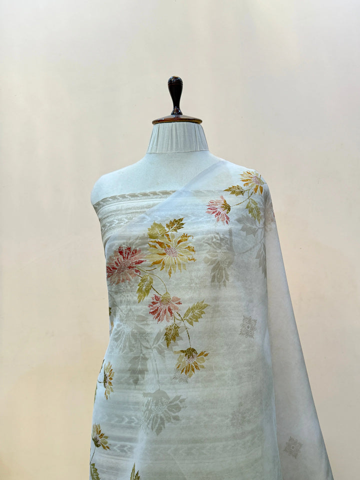 Pure Banarasi Kora Silk Saree with Digital Print & Chiniya Blouse