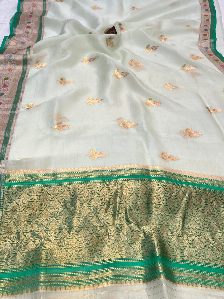 Pani Pista Green Pure Kora Silk Handloom Banarasi Saree