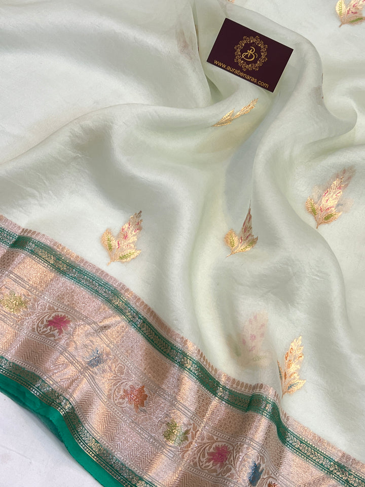 Pani Pista Green Pure Kora Silk Handloom Banarasi Saree