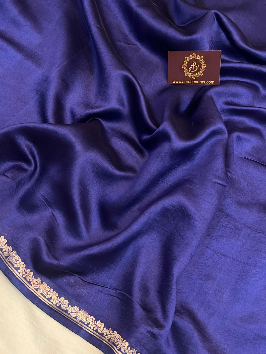 Plain Navy Blue Pure Silk Banarasi Saree | Handloom Kadhwa Border