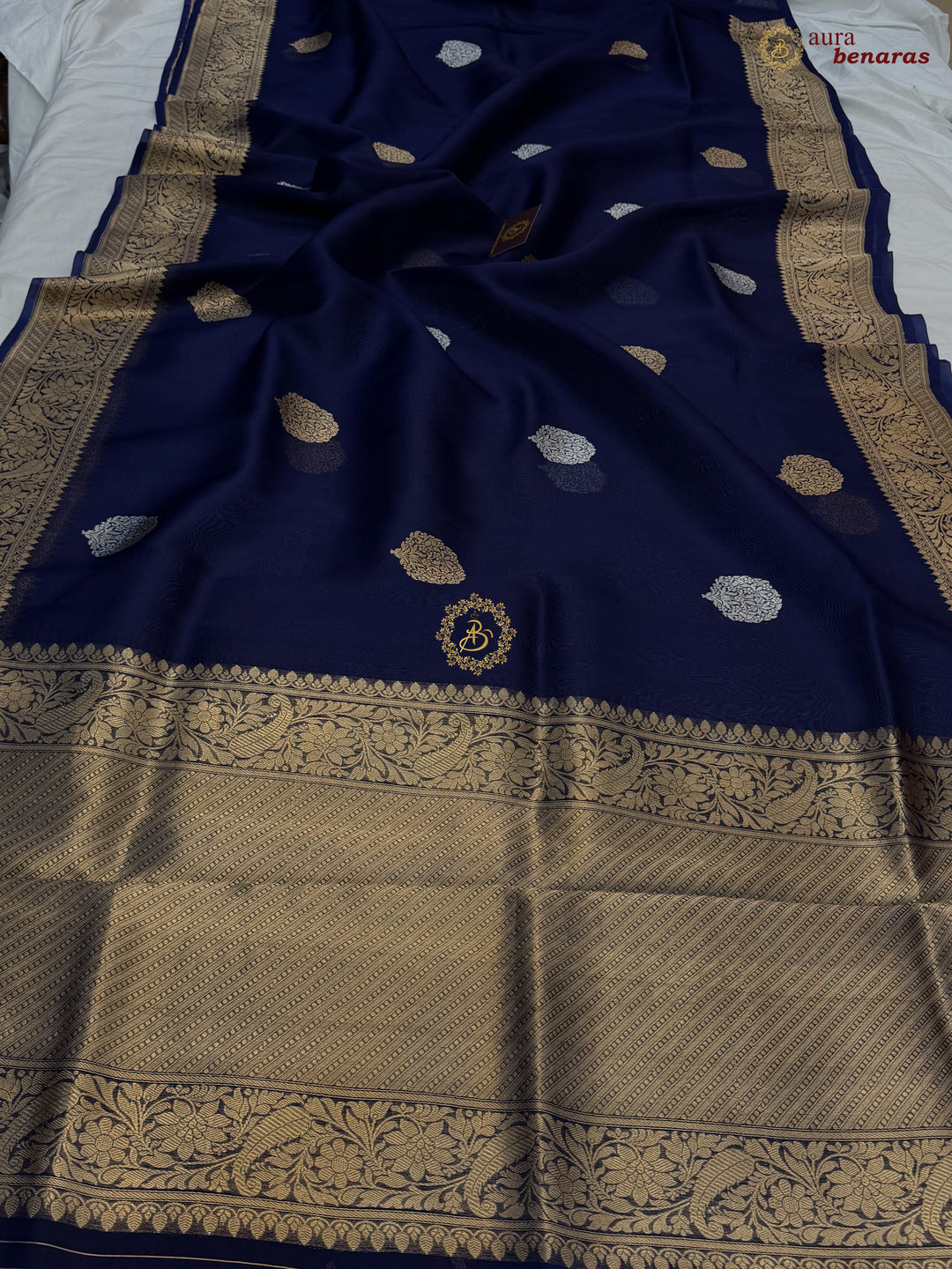 Navy Blue Pure Kora Silk Banarasi Saree AuraBenaras