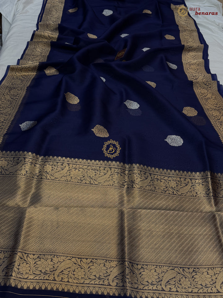 Navy Blue Pure Kora Silk Banarasi Saree AuraBenaras