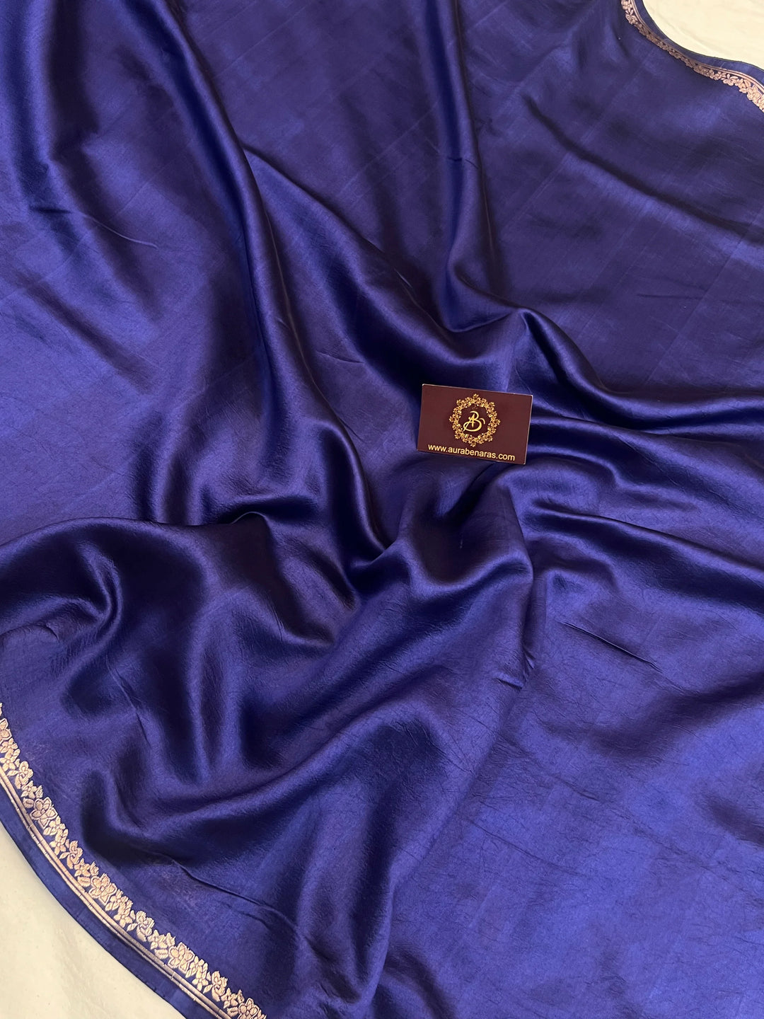 Plain Navy Blue Pure Silk Banarasi Saree | Handloom Kadhwa Border