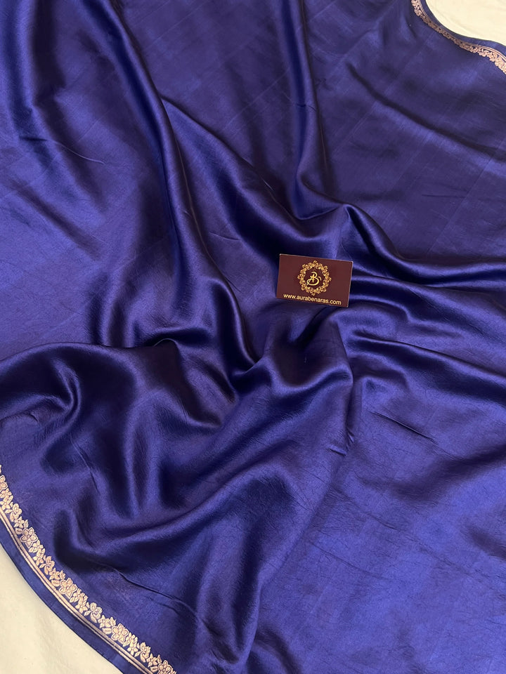 Plain Navy Blue Pure Silk Banarasi Saree | Handloom Kadhwa Border