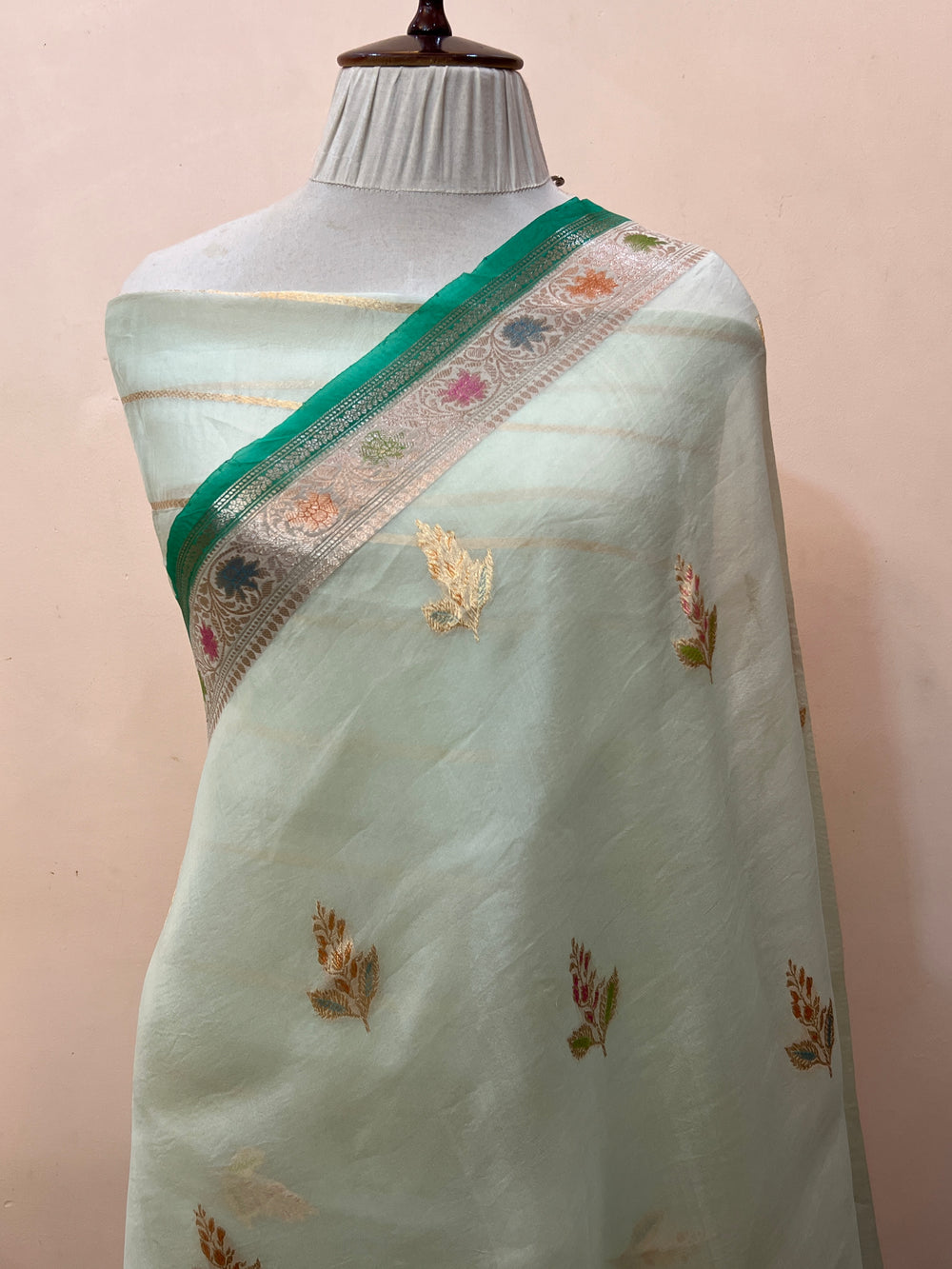 Pani Pista Green Pure Kora Silk Handloom Banarasi Saree