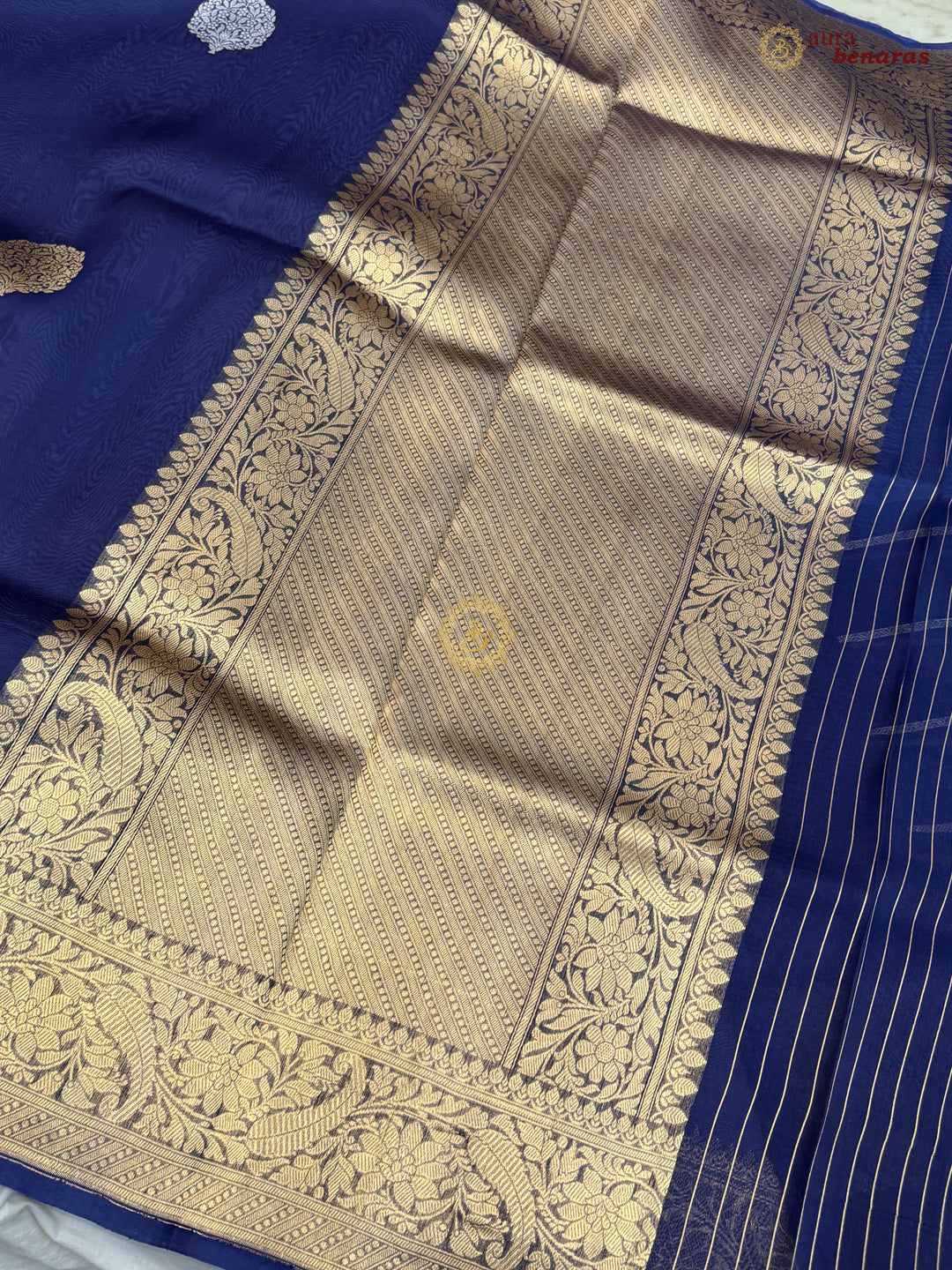 Navy Blue Pure Kora Silk Banarasi Saree AuraBenaras
