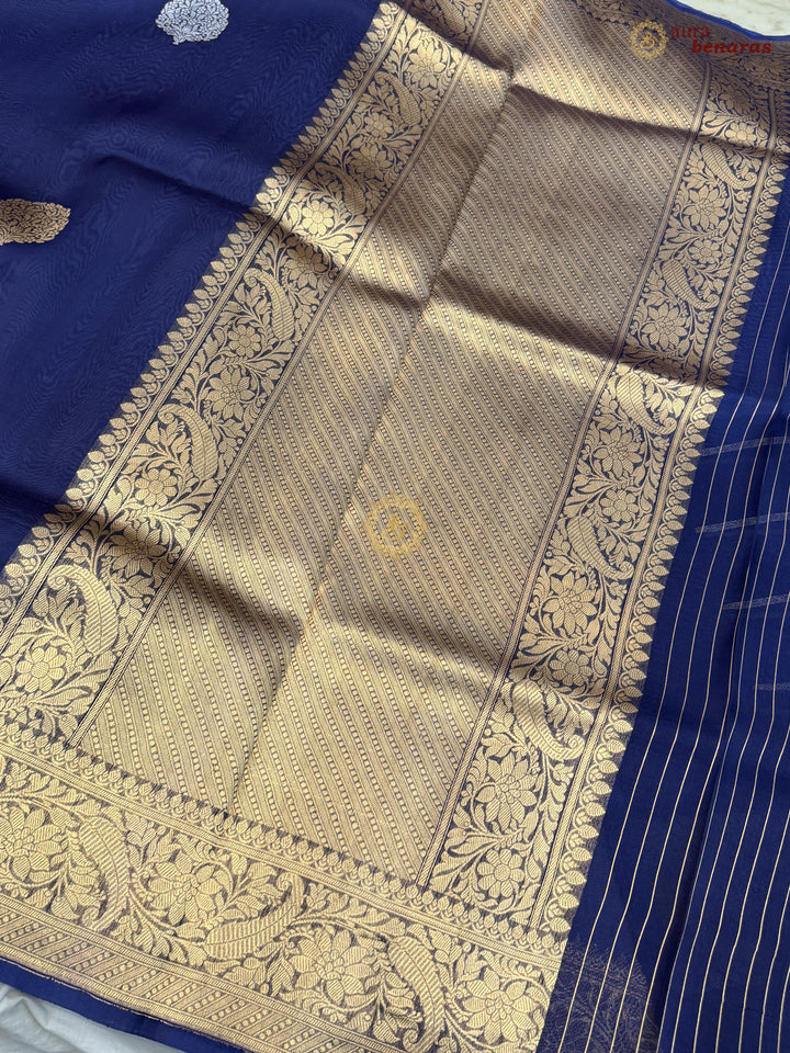 Navy Blue Pure Kora Silk Banarasi Saree AuraBenaras