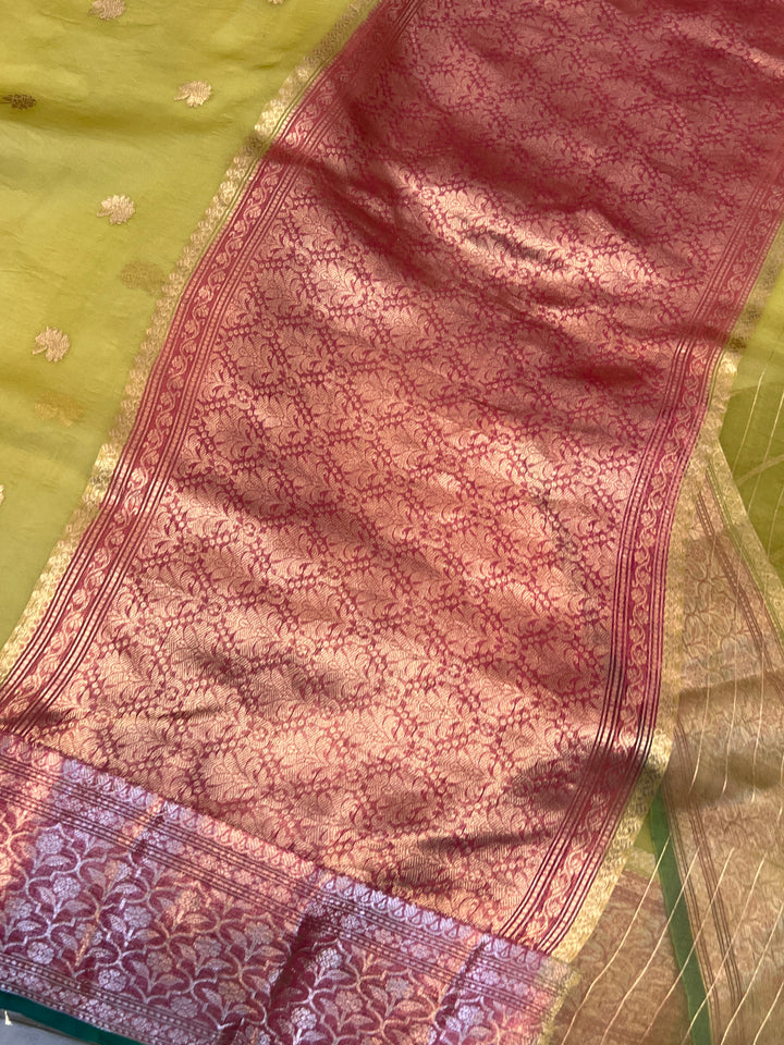 Olive Banarasi Handloom Kora Silk Saree
