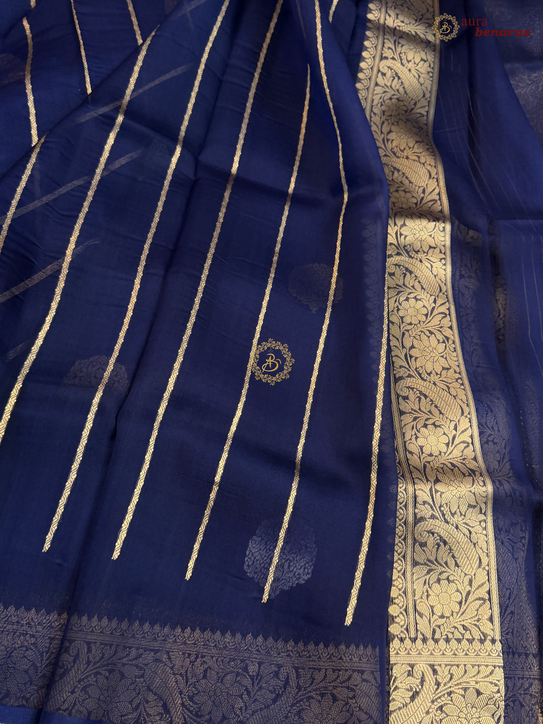 Navy Blue Pure Kora Silk Banarasi Saree AuraBenaras