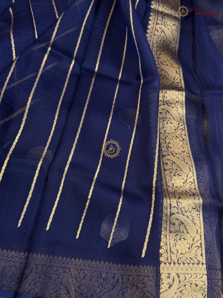 Navy Blue Pure Kora Silk Banarasi Saree AuraBenaras