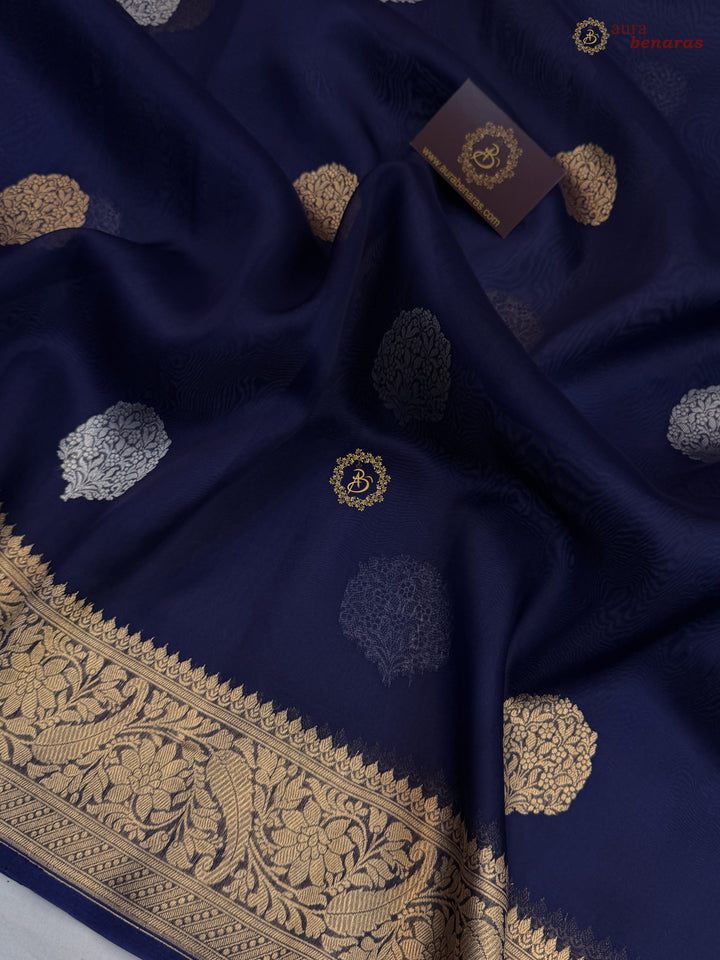 Navy Blue Pure Kora Silk Banarasi Saree AuraBenaras