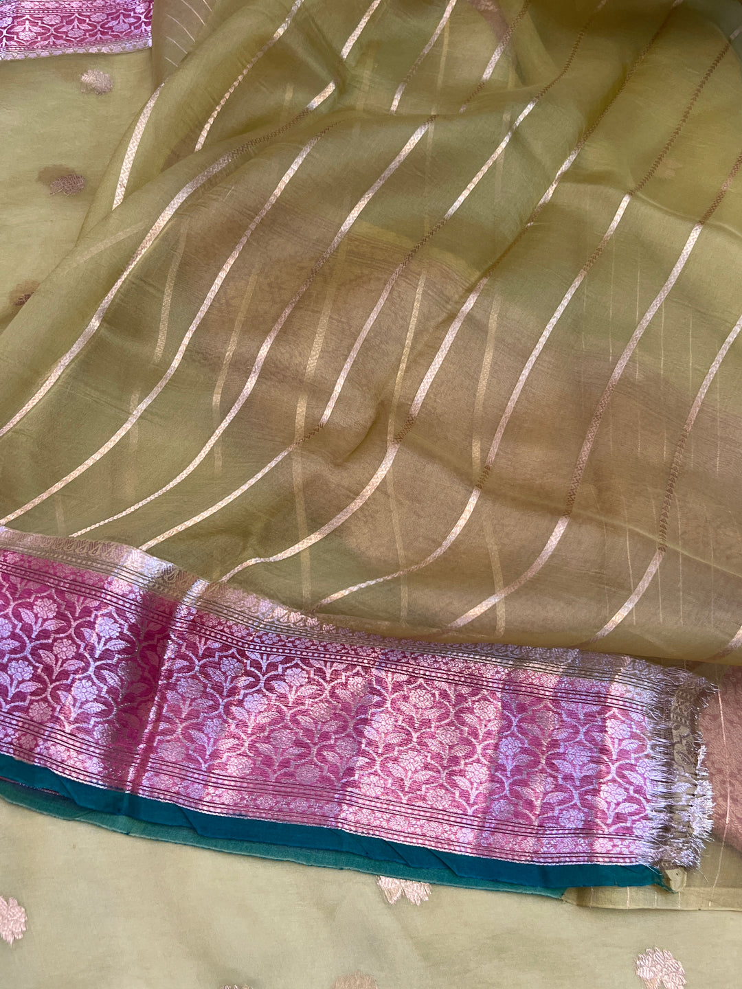 Olive Banarasi Handloom Kora Silk Saree