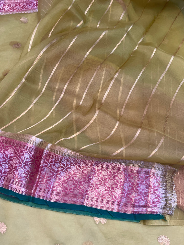 Olive Banarasi Handloom Kora Silk Saree