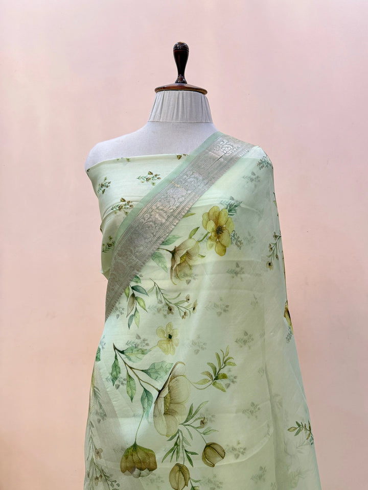Pure Banarasi Kora Silk Saree with Digital Print & Chiniya Blouse