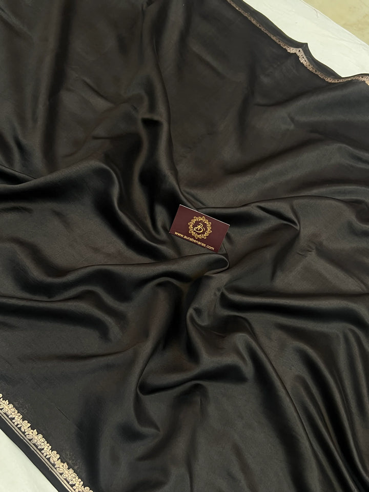 Plain Black Pure Silk Banarasi Saree | Handloom Kadhwa Border