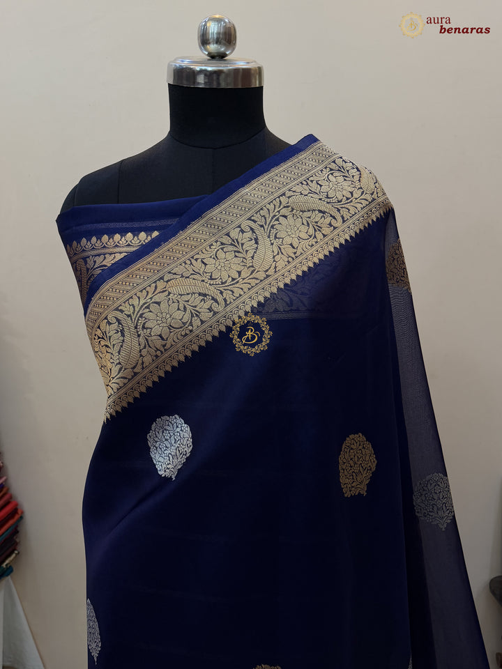 Navy Blue Pure Kora Silk Banarasi Saree AuraBenaras