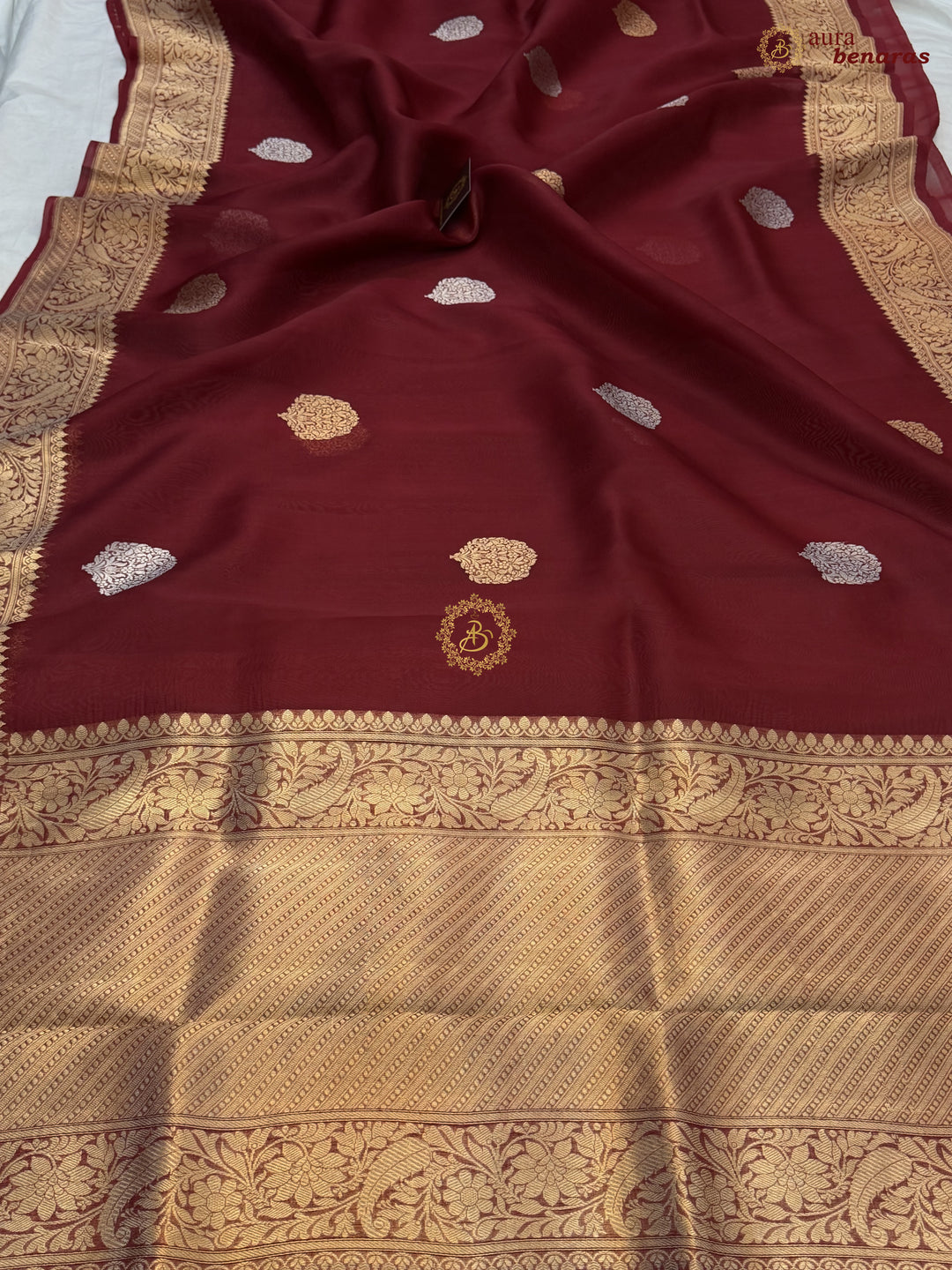 Maroon Pure Kora Silk Banarasi Saree AuraBenaras