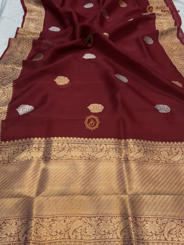 Maroon Pure Kora Silk Banarasi Saree AuraBenaras