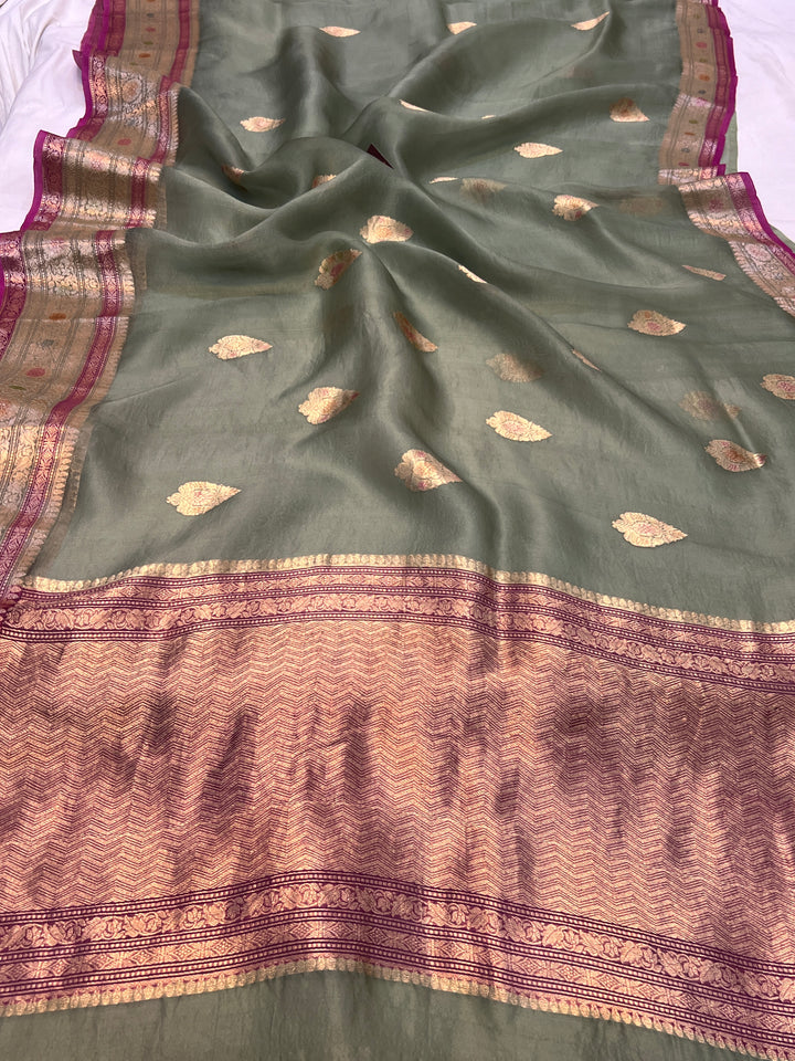 Sage Green Pure Kora Silk Handloom Banarasi Saree