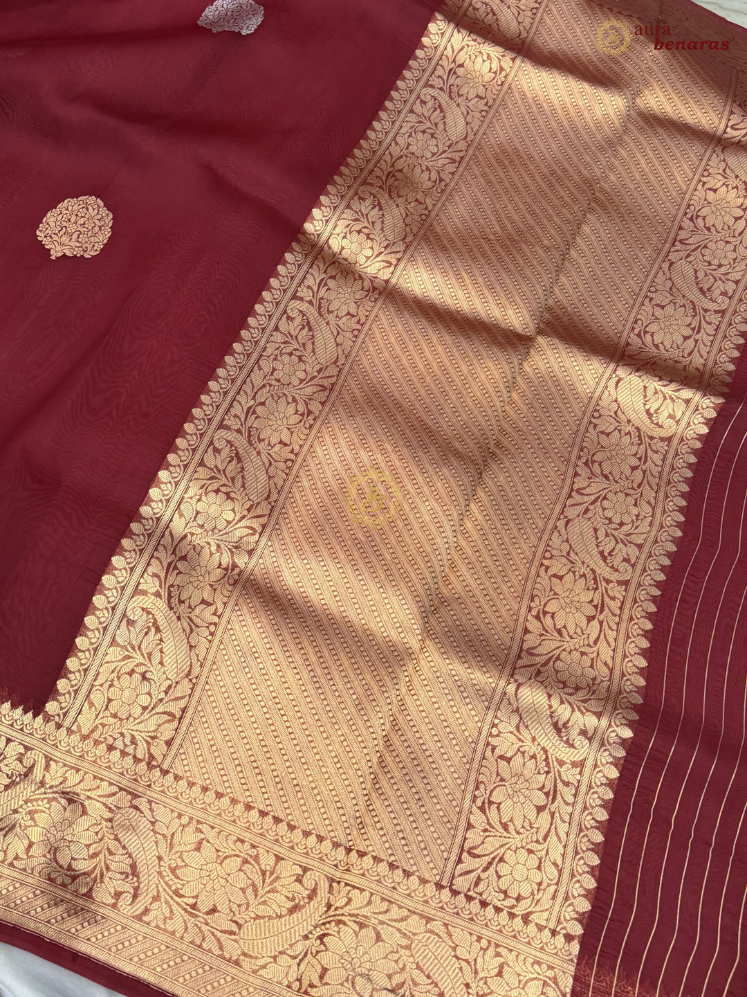 Maroon Pure Kora Silk Banarasi Saree AuraBenaras