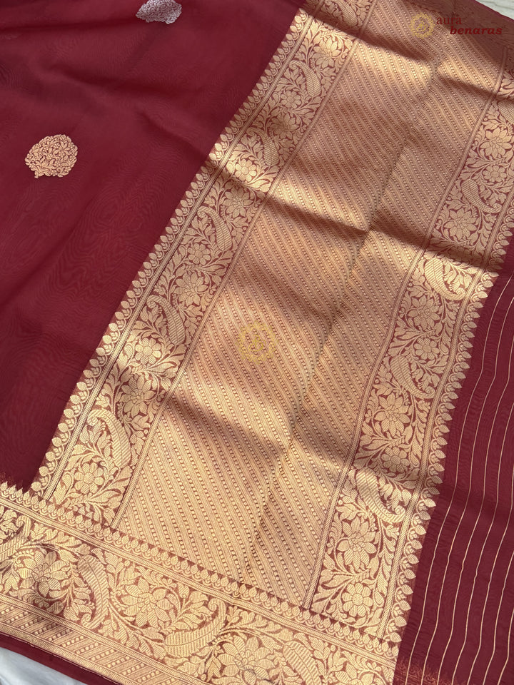 Maroon Pure Kora Silk Banarasi Saree AuraBenaras