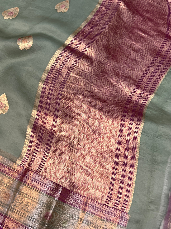 Sage Green Pure Kora Silk Handloom Banarasi Saree