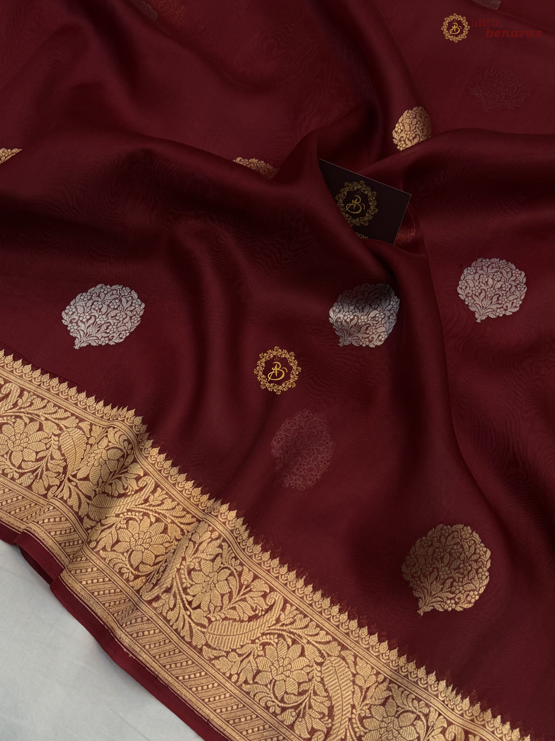 Maroon Pure Kora Silk Banarasi Saree AuraBenaras
