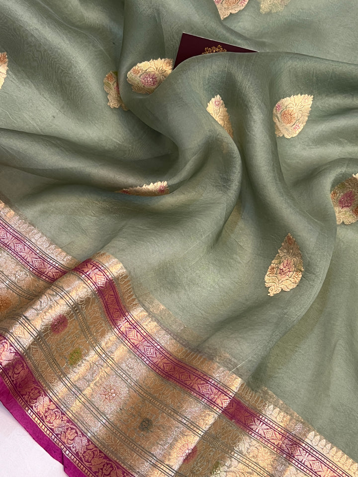 Sage Green Pure Kora Silk Handloom Banarasi Saree