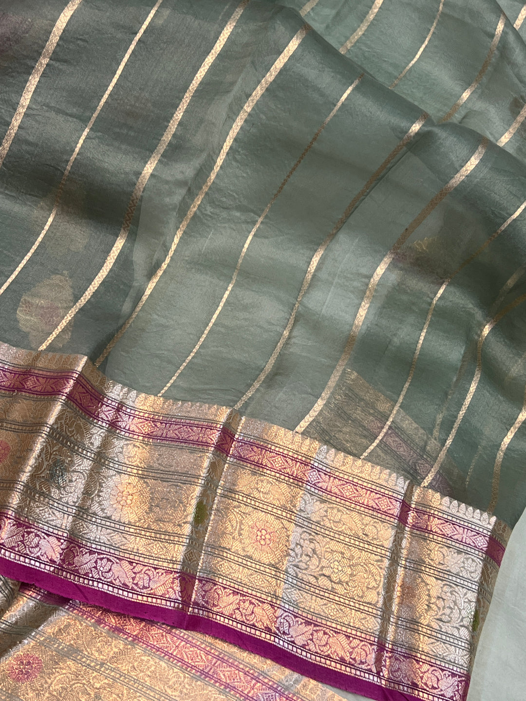 Sage Green Pure Kora Silk Handloom Banarasi Saree