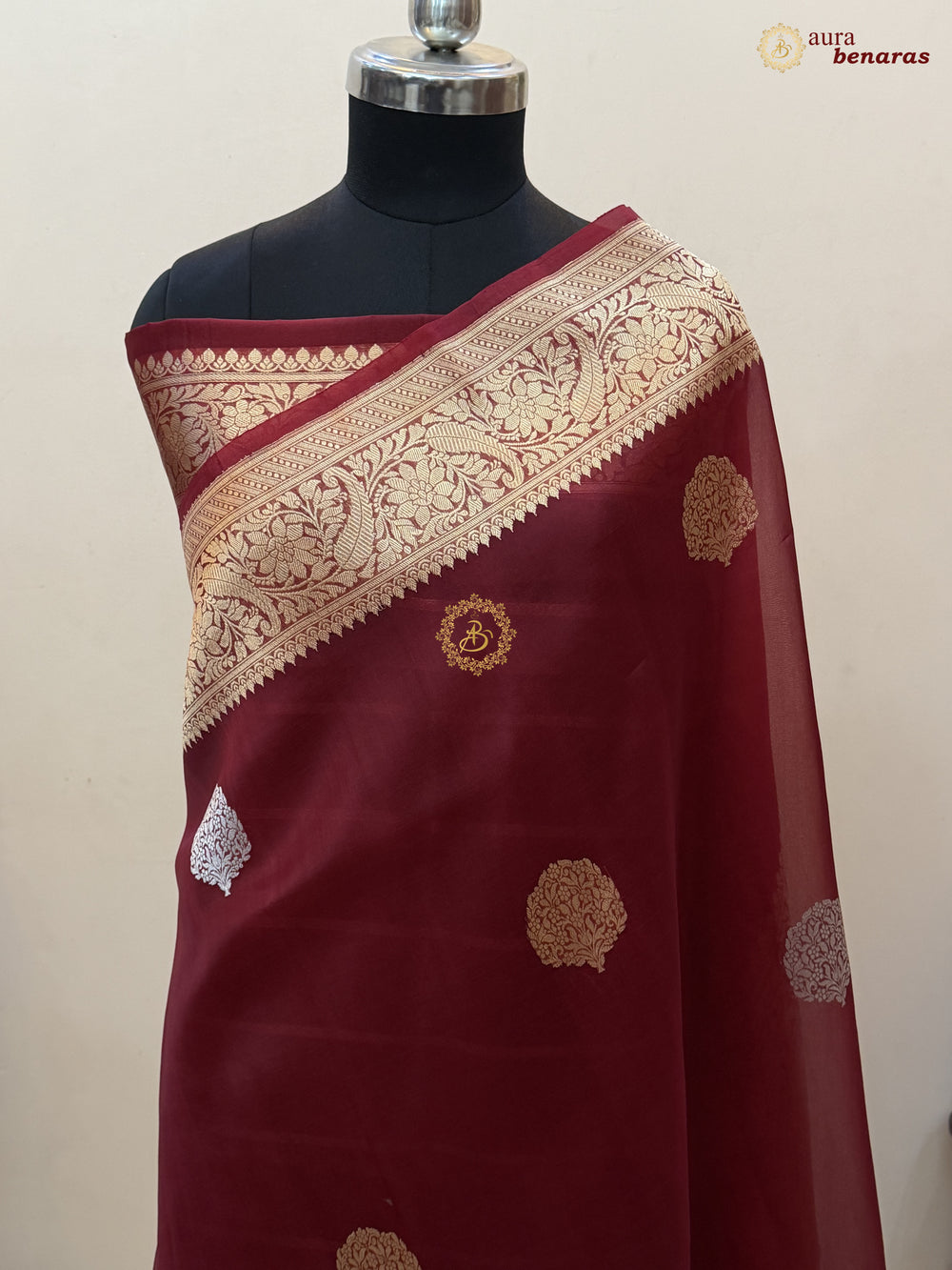 Maroon Pure Kora Silk Banarasi Saree AuraBenaras