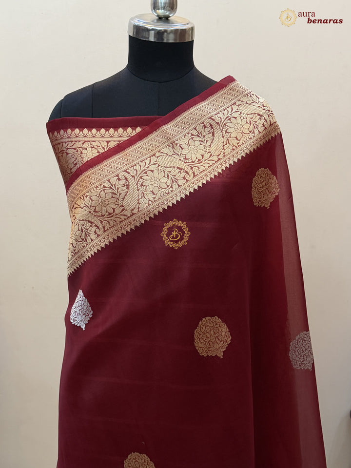 Maroon Pure Kora Silk Banarasi Saree AuraBenaras